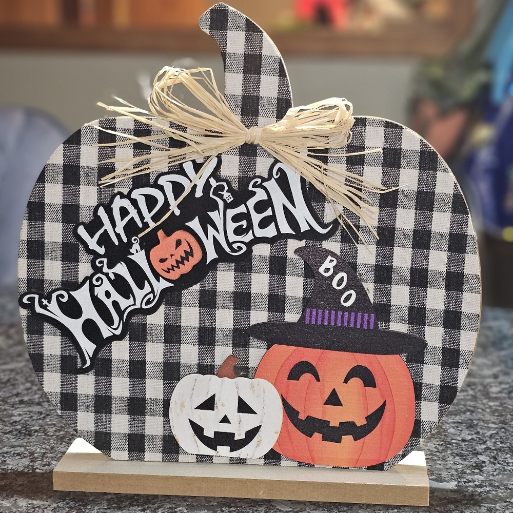 Halloween Pumpkin Decor with Black and White Checkered Design